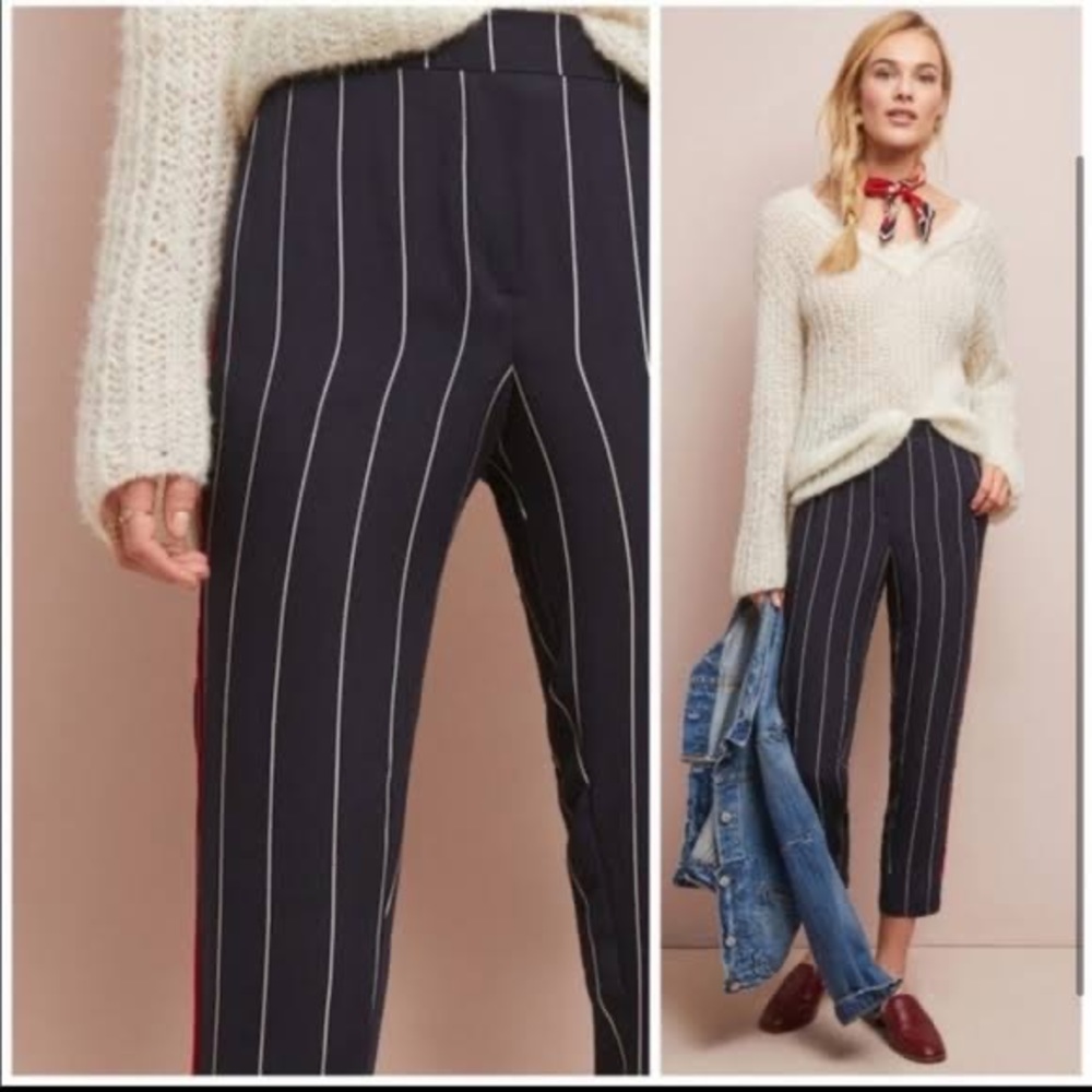 Anthropologie Ett:twa navy vertical stripe trouser pant red stripe down side NWT